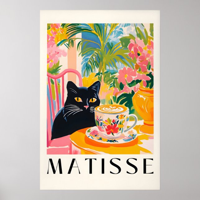 Black Cat Drinking Coffee Funny Matisse Style Poster (Front)