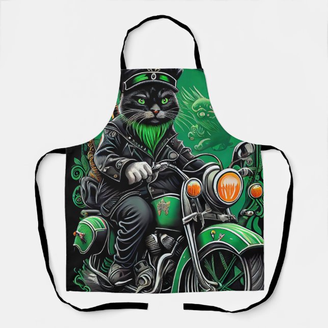Black Cat driving bike St. Patrick's Day Apron (Front)