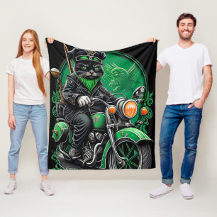 Black Cat driving bike St. Patrick's Day Fleece Blanket