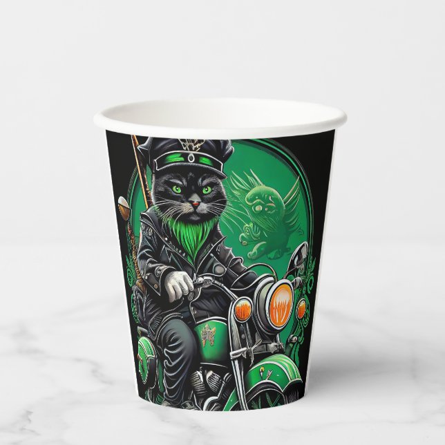 Black Cat driving bike St. Patrick's Day Paper Cups (Front)