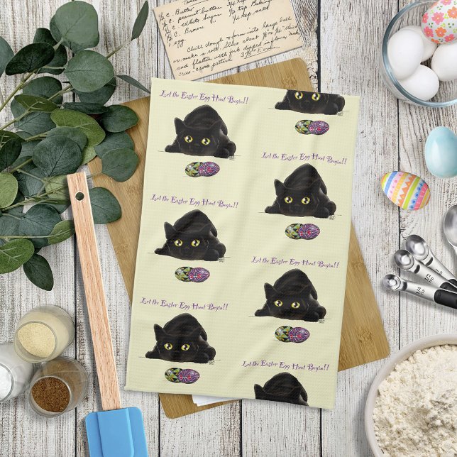 Black Cat Easter Eggs Hunt Holiday Yellow Kitchen Towel (Creator Uploaded)
