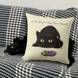 Black Cat Easter Eggs Hunt Holiday Yellow Throw Pillow