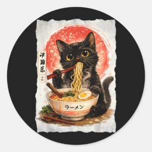 Black Cat Eating Ramen Cute Kawaii Anime Cat Classic Round Sticker