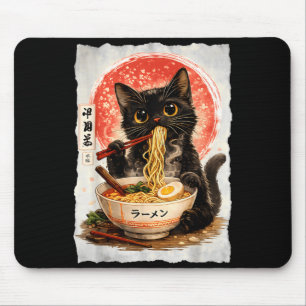 Black Cat Eating Ramen Cute Kawaii Anime Cat Mouse Pad