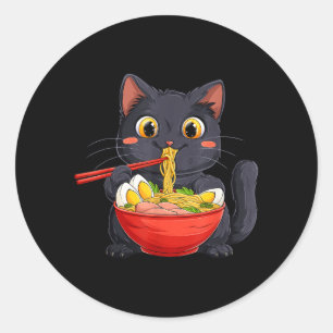 Black Cat Eating Ramen Noodle Kawaii Anime Style Classic Round Sticker