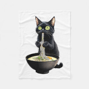 Black Cat Eating Ramen Noodles Japanese Food  Fleece Blanket