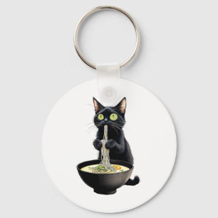 Black Cat Eating Ramen Noodles Japanese Food  Keychain
