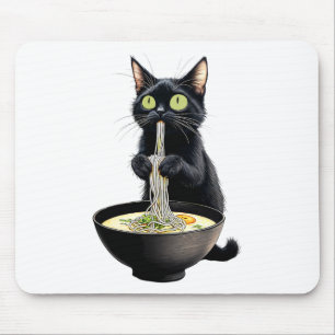 Black Cat Eating Ramen Noodles Japanese Food Mouse Pad