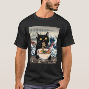 Black Cat Eating Ramen Noodles Japanese Wave Art F T-Shirt