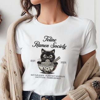 Black Cat eating Ramen Noodles T-shirt
