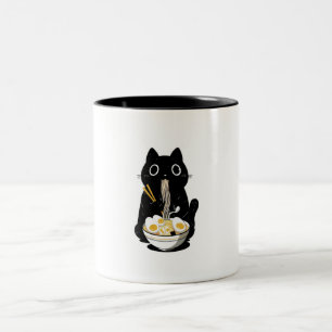 Black Cat Eating Ramen Two-Tone Coffee Mug