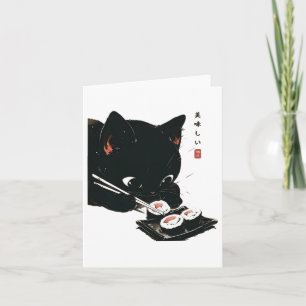 Black Cat Eating Sushi - Cat Japanese Art  Card