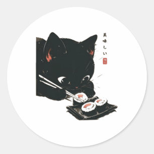 Black Cat Eating Sushi - Cat Japanese Art  Classic Round Sticker