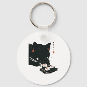 Black Cat Eating Sushi - Cat Japanese Art  Keychain