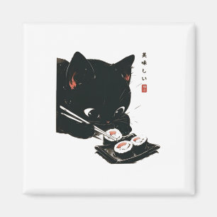 Black Cat Eating Sushi - Cat Japanese Art Magnet