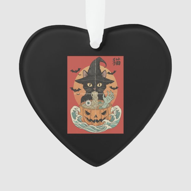 Black cat eats Japanese ramen for Halloween (devant)