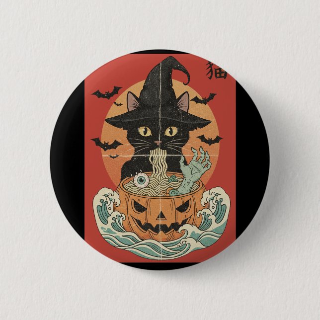 Black cat eats Japanese ramen for Halloween 2 Inch Round Button (Front)