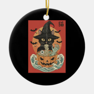 Black cat eats Japanese ramen for Halloween Ceramic Ornament