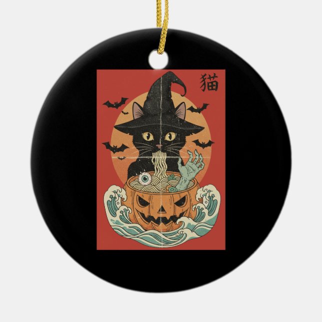 Black cat eats Japanese ramen for Halloween Ceramic Ornament (Front)