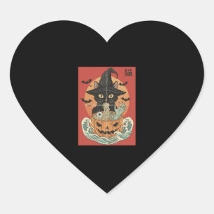 Black cat eats Japanese ramen for Halloween Heart Sticker