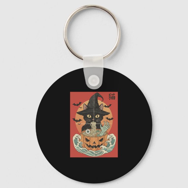 Black cat eats Japanese ramen for Halloween Keychain (Front)