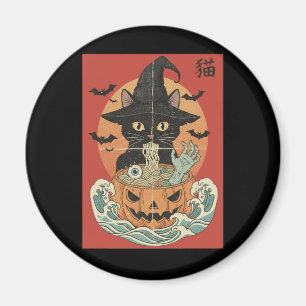Black cat eats Japanese ramen for Halloween Magnet