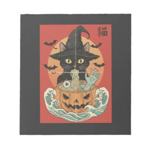 Black cat eats Japanese ramen for Halloween Notepad