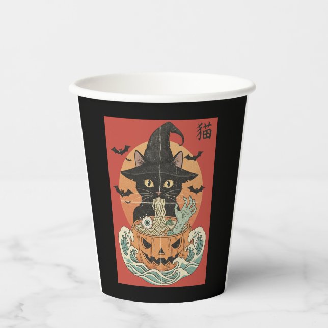 Black cat eats Japanese ramen for Halloween Paper Cups (Front)