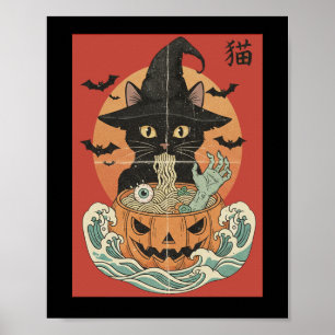 Black cat eats Japanese ramen for Halloween Poster