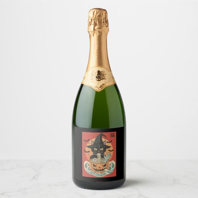 Black cat eats Japanese ramen for Halloween Sparkling Wine Label (Front)
