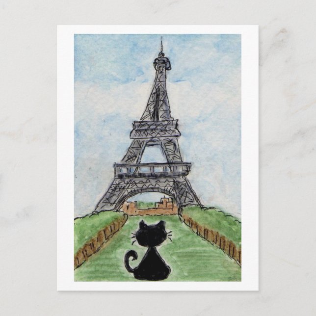 Black Cat Eiffel Tower Watercolour postcard (Front)