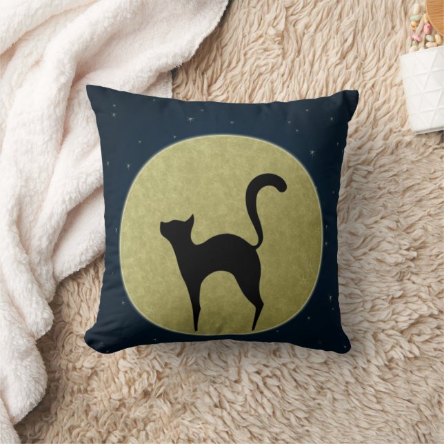 Black cat elegant silhouette and moon throw pillow (Blanket)