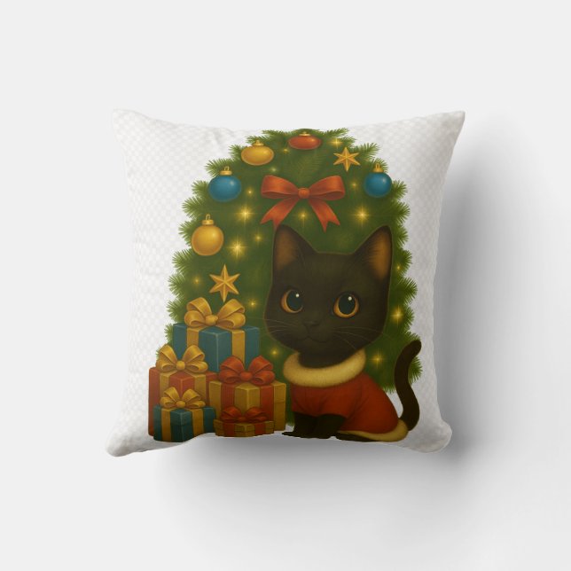 “Black Cat Emi and the Christmas Tree” Throw Pillow (Back)