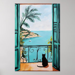 Black Cat Enjoying the Beautiful Sea Poster