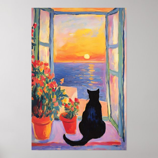 Black cat enjoying the sea view poster (Front)