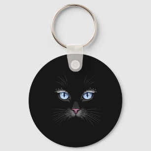 Black Cat Face Blue Eyes Sparkle Lashes Glamourous Keychain