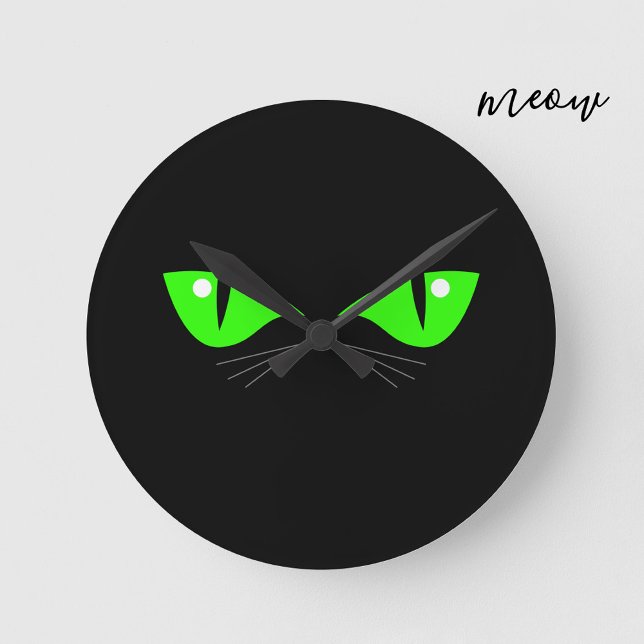 Black Cat Face Green Eyes Whiskers Cute Cat Lover Round Clock (Creator Uploaded)