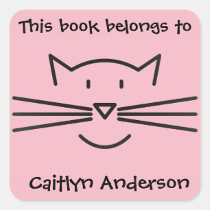 Black Cat Face Outline Bookplate Sticker