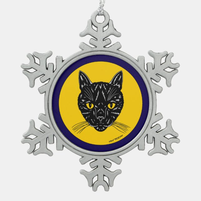Black Cat Face Snowflake Pewter Christmas Ornament (Front)