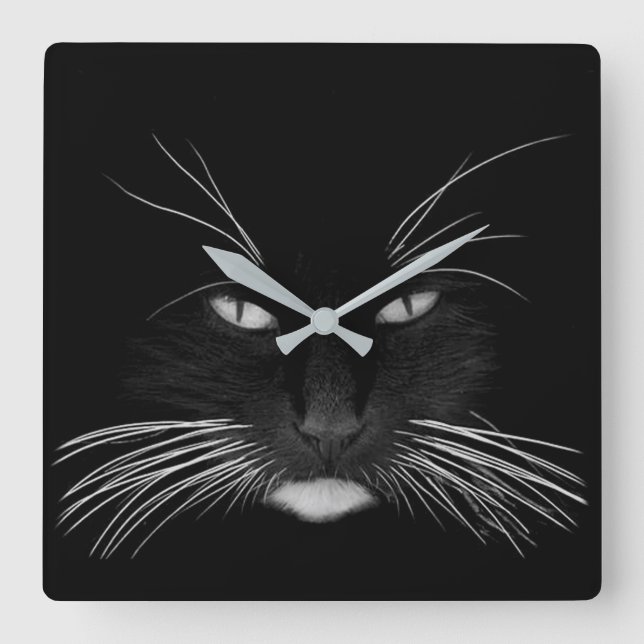 Black Cat Face Square Wall Clock (Front)