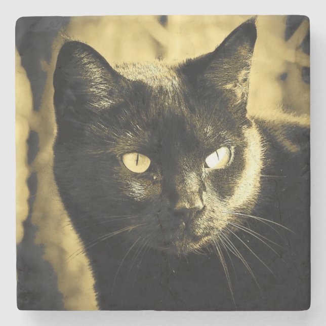 Black Cat Face Stone Coaster (Front)
