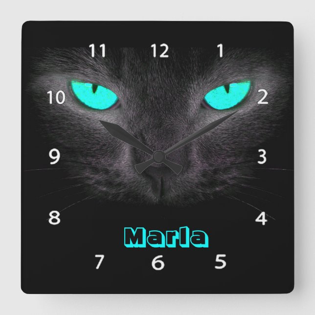 Black Cat Face Turquoise Eyes Wall Clock (Front)