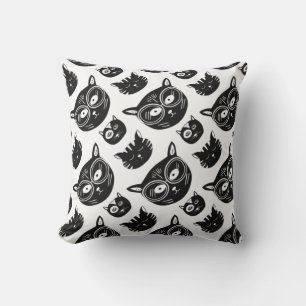 Black Cat Face With Funky Glasses pattern Throw Pillow