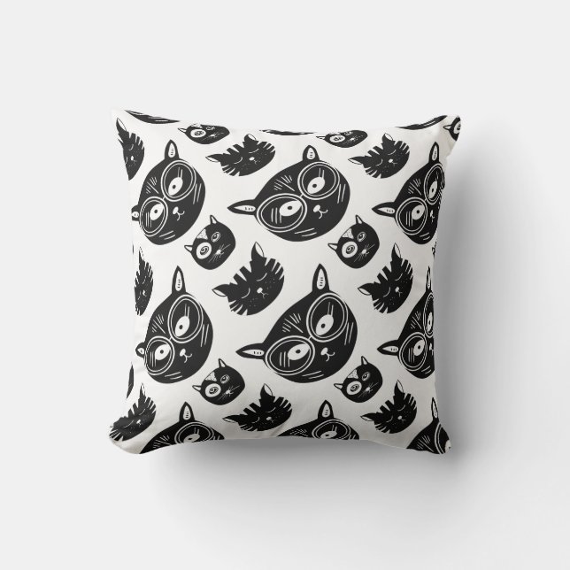 Black Cat Face With Funky Glasses pattern Throw Pillow (Front)