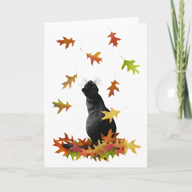 Black Cat Falling Leaves Card (Front)