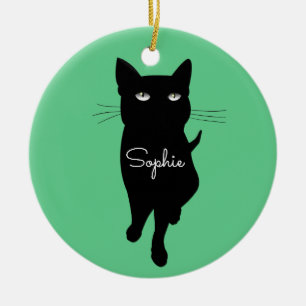 Black cat feline personalised name gift ceramic ornament