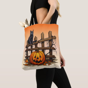 Black Cat Fence Jack-O' Lantern Orange Halloween Tote Bag