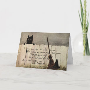 Black Cat Fence Witch's Broom Hat Card