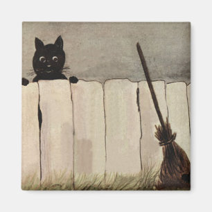 Black Cat Fence Witch's Broom Magnet