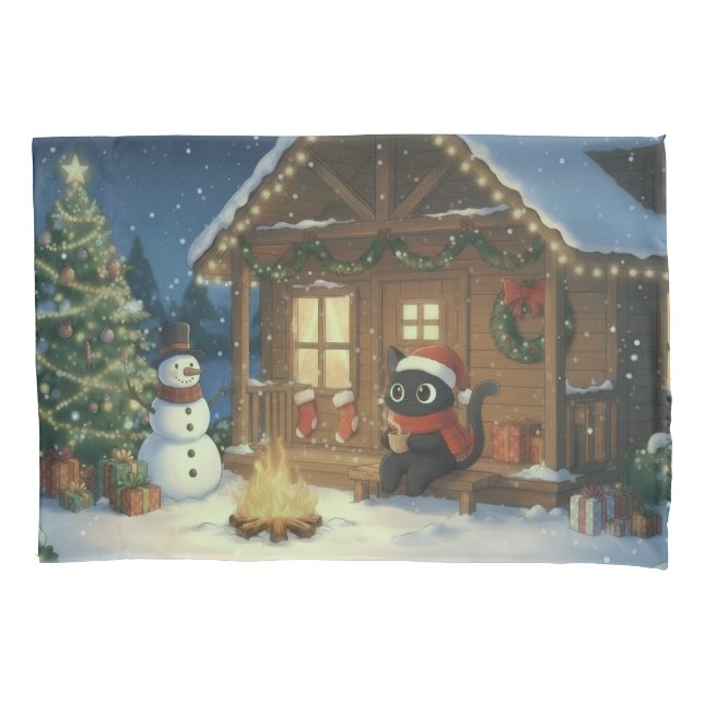 Black Cat Festive Christmas Scene  Pillowcase (Front)